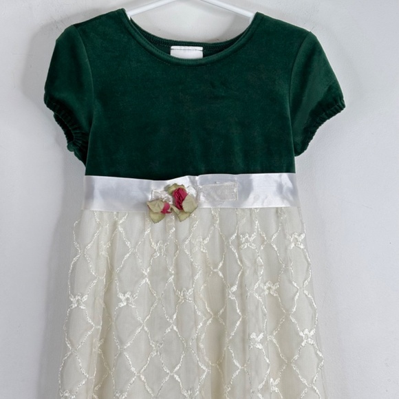 VTG 90s Rose Cottage Christmas Dress 5T Green Velvet Lace Short Sleeve Frilly - Picture 2 of 8